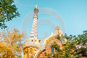 Park Guell by architect Gaudi in a summer day in Barcelona, Spain.