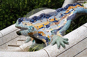PARK GUELL, BARCELONA, CATALONIA: Close up of the iconic Lizard fountain by A. Gaudi