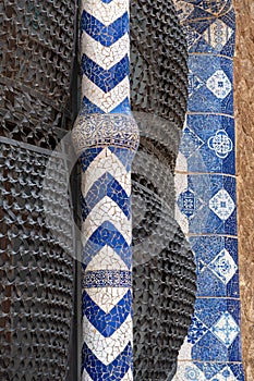 PARK GUELL, BARCELONA, CATALONIA: Mosaic and wrought iron details, designed by A. Gaudi