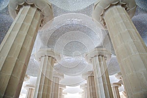 Park Guell, Barcelona, Spain - mosaic on the ceiling and colonnade