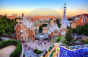 Park Guell, Barcelona, Spain at sunset