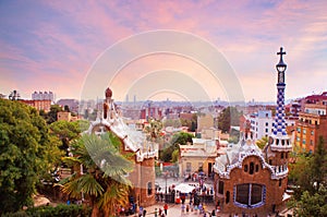 Park Guell in Barcelona at sunset photo