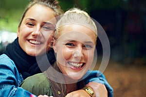 Park, happy and portrait of women hug outdoors on holiday, vacation and weekend in nature. Friends, smile and face of