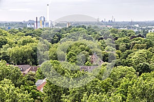park landscape of the Kaisergarten with view to the industry in Oberhausen, Germany