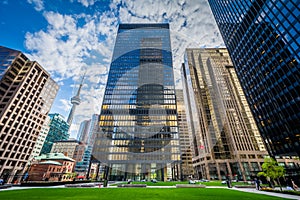 Park and modern buildings in downtown Toronto, Ontario.