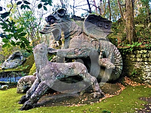 Park of Monsters, Sacred Grove, Garden of Bomarzo. Dragon with Lions and fascination