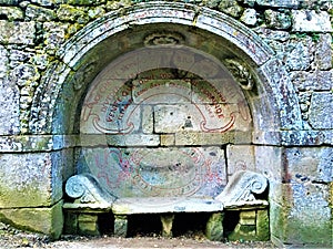 Park of the Monsters, Sacred Grove, Garden of Bomarzo. Etruscan bench and alchemy