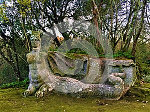 Park of the Monsters, Sacred Grove, Garden of Bomarzo. Harpy with bat wings