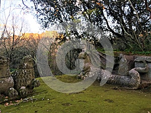 Park of the Monsters, Sacred Grove, Garden of Bomarzo. Lions and harpy, alchemy