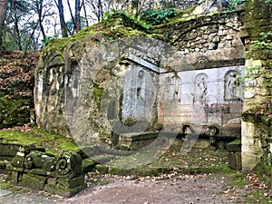 Park of the Monsters, Sacred Grove, Garden of Bomarzo. Three Graces and the Nymphaeum