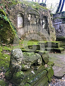 Park of the Monsters, Sacred Grove, Garden of Bomarzo. Three Graces and the Nymphaeum, alchemy