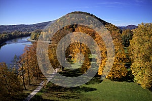 Park near Budatin castle and confluence of Vah and Kysuca river, Slovakia