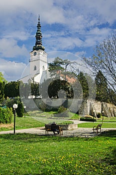 The park near the Church of the Nativity of the Virgin Mary in Nove Mesto nad Vahom town