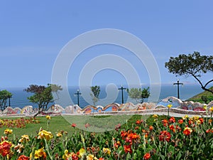 A park with ornate tiled bench in Miraflores district of Lima