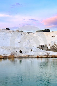 Park in Pamukkale with travertines during sunset time
