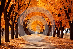 park path during the autumn season. It features a tranquil walkway flanked by rusty autumn trees on each side.