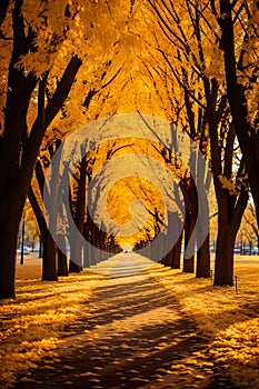 park path during the autumn season. It features a tranquil walkway flanked by rusty autumn trees on each side.