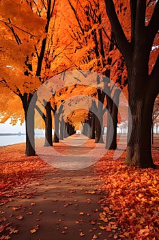 park path during the autumn season. It features a tranquil walkway flanked by rusty autumn trees on each side.