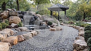 Park Pathway, Waterfall, Gazebo, Landscaping