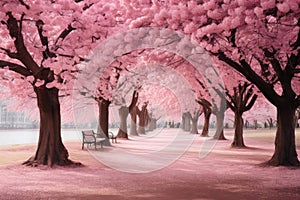 Park pink trees bench. Generate Ai