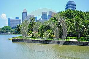 A park by the river in the city