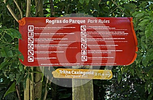 Park rules board at `Bosque da Freguesia`, public park in the neighborhood of Jacarepagua