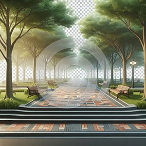 Park scene with trees and benches on a transparent backgroud, p