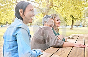 Park, senior women and friends laughing at funny joke, crazy meme or comedy. Comic, happy and group of retired females
