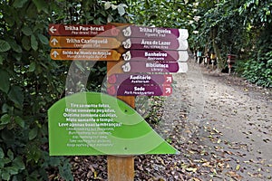 Park signage board at `Bosque da Freguesia`, public park in the neighborhood of Jacarepagua