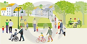 Park in the small town, life in the country, illustration