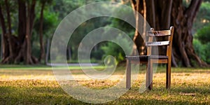 Park in the summer with wooden chair, tree and green grass blurred background