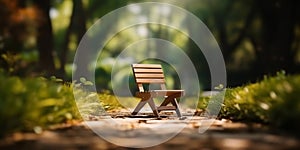 Park in the summer with wooden chair, tree and green grass blurred background