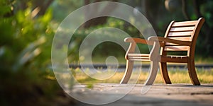 Park in the summer with wooden chair, tree and green grass blurred background