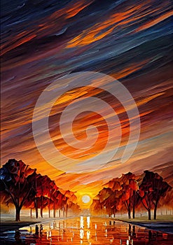 Park sunset oil knife painting