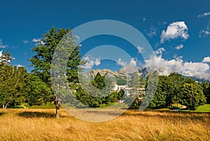 Park in Tatranska Lomnica. Slovakia. Accommodation under the Tatras in the background of the Tatras with the Lomnicky peak