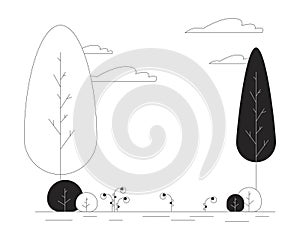 Park trees clouds black and white cartoon flat illustration