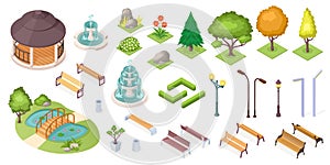 Park trees, garden landscape isometric constructor