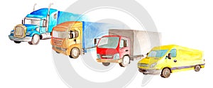 Park of trucks, lorries, van on a white background isolated in watercolor sryle