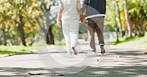 Park, walking and old couple holding hands, love and sunshine with peace, romance and marriage. Trust, outdoor and man