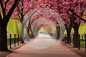 park walkway lined with blooming dogwood trees