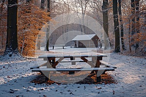 Park in winter wonder Group picnic scenes with snowy landscapes