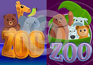 Park zoo banner set, cartoon style