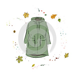 Parka Jacket of green color. Outerwear on the background of aut