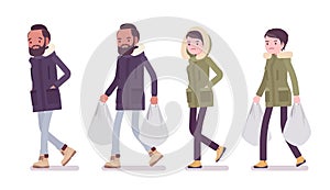 Parka man and woman walk with shopping bags