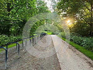 Parked bicycles near metal stands in park