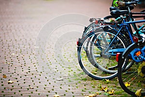 Parked Bicycles On Sidewalk.