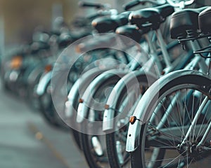 Parked Bicycles On Sidewalk. Bike Bicycle Parking In Big City.