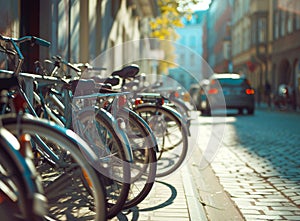 Parked Bicycles On Sidewalk. Bike Bicycle Parking In Big City.