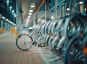 Parked Bicycles On Sidewalk. Bike Bicycle Parking In Big City.