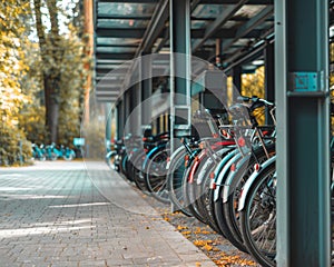 Parked Bicycles On Sidewalk. Bike Bicycle Parking In Big City.